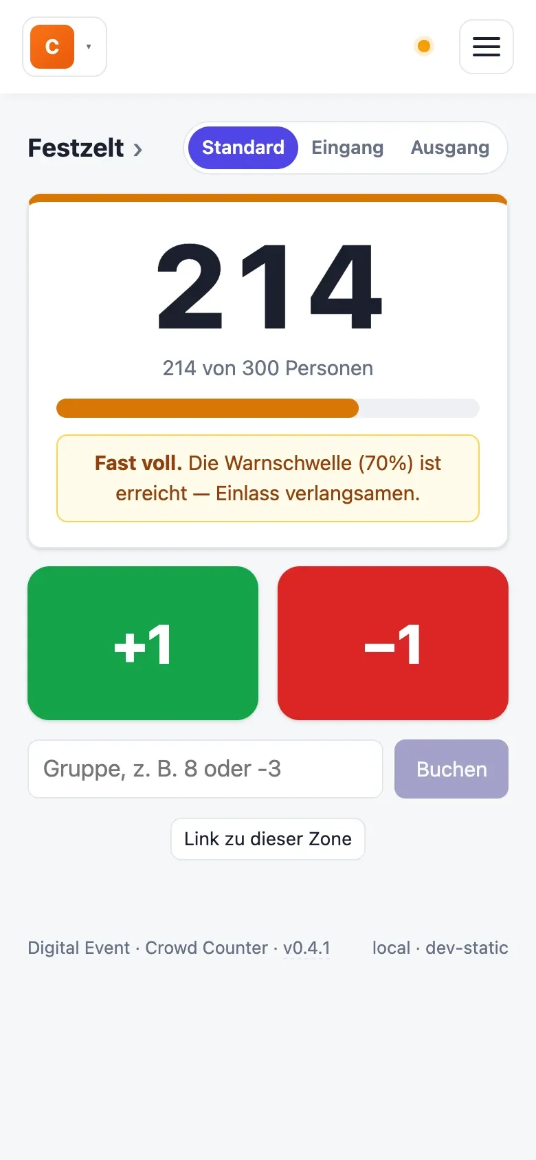 Besucherzähler auf dem Handy: Zone Festzelt mit Belegung und grossen Plus- und Minus-Tasten