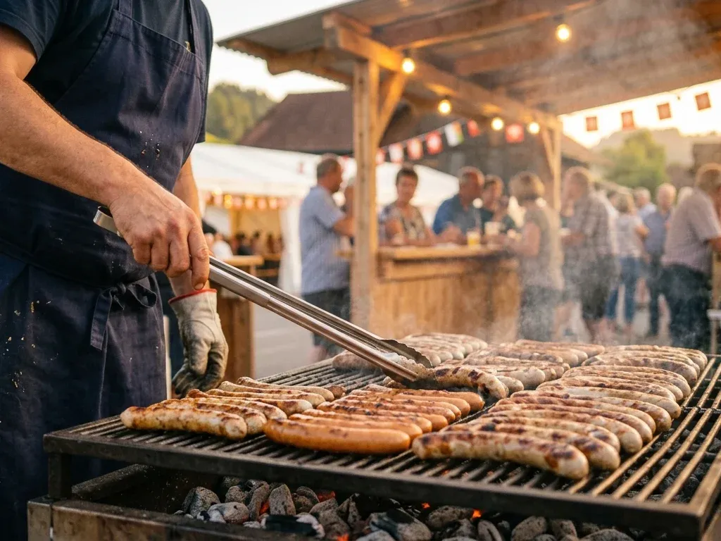 Bratwürste auf dem Holzkohlegrill eines Feststands