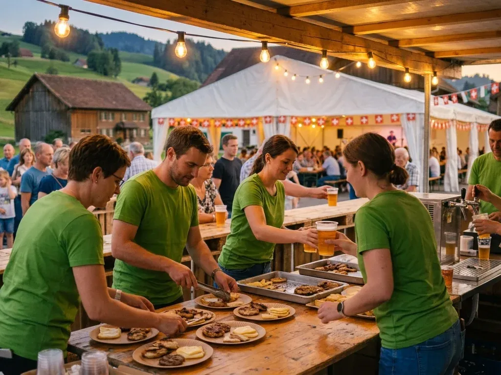Helfer-Team in grünen Vereins-T-Shirts gibt Essen und Getränke aus