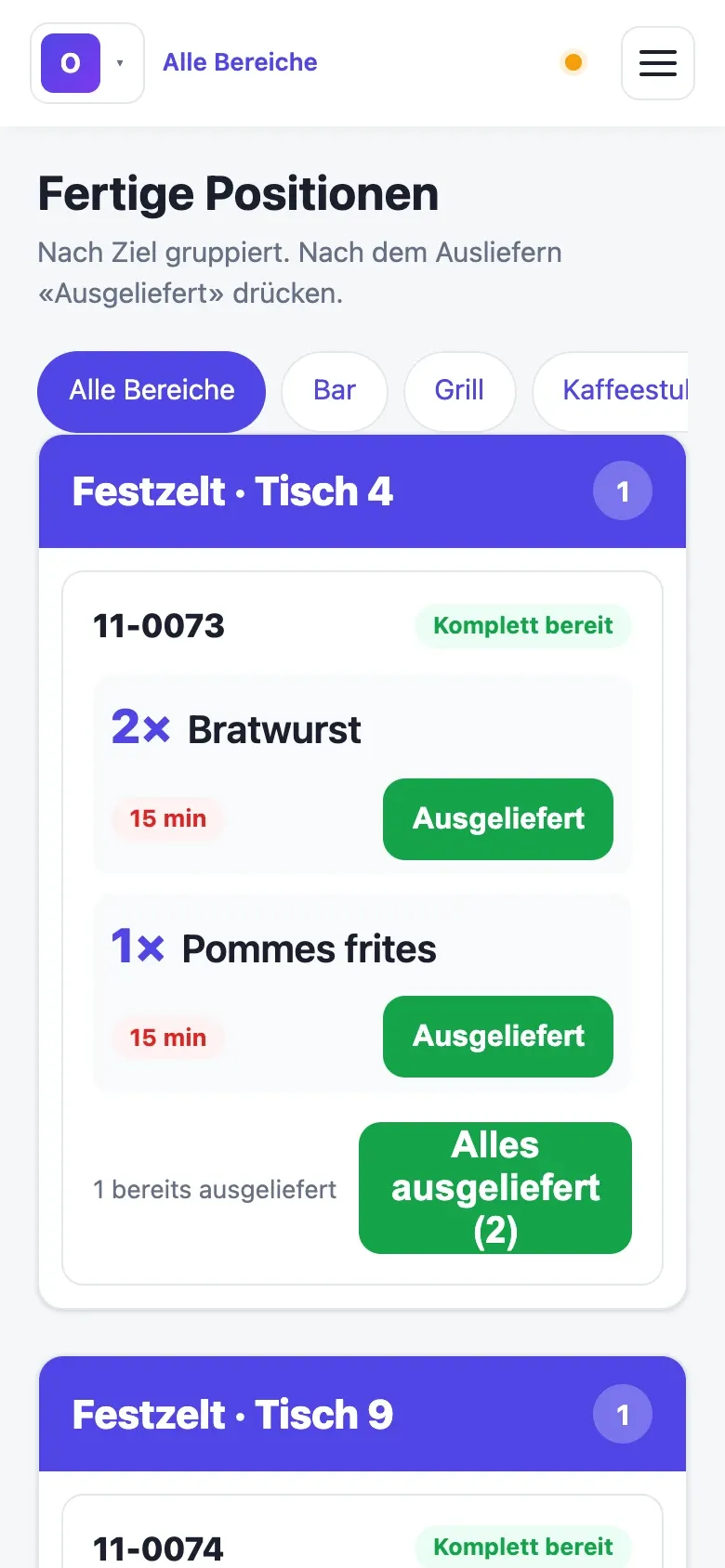 Runner-Ansicht: fertige Bestellungen nach Tisch gruppiert, eine Position abgehakt