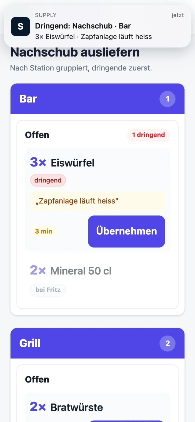 Runner-Ansicht mit Push-Benachrichtigung, Anfragen nach Station gruppiert