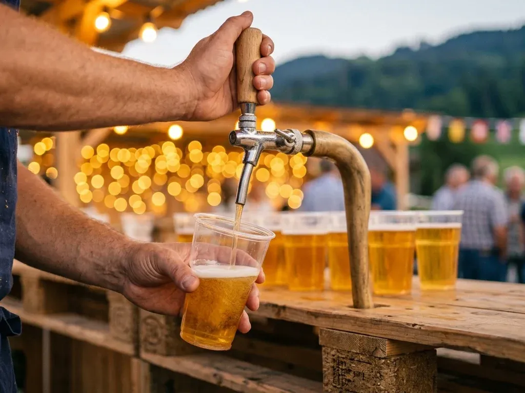 Bier wird an der Festbar in Mehrwegbecher gezapft