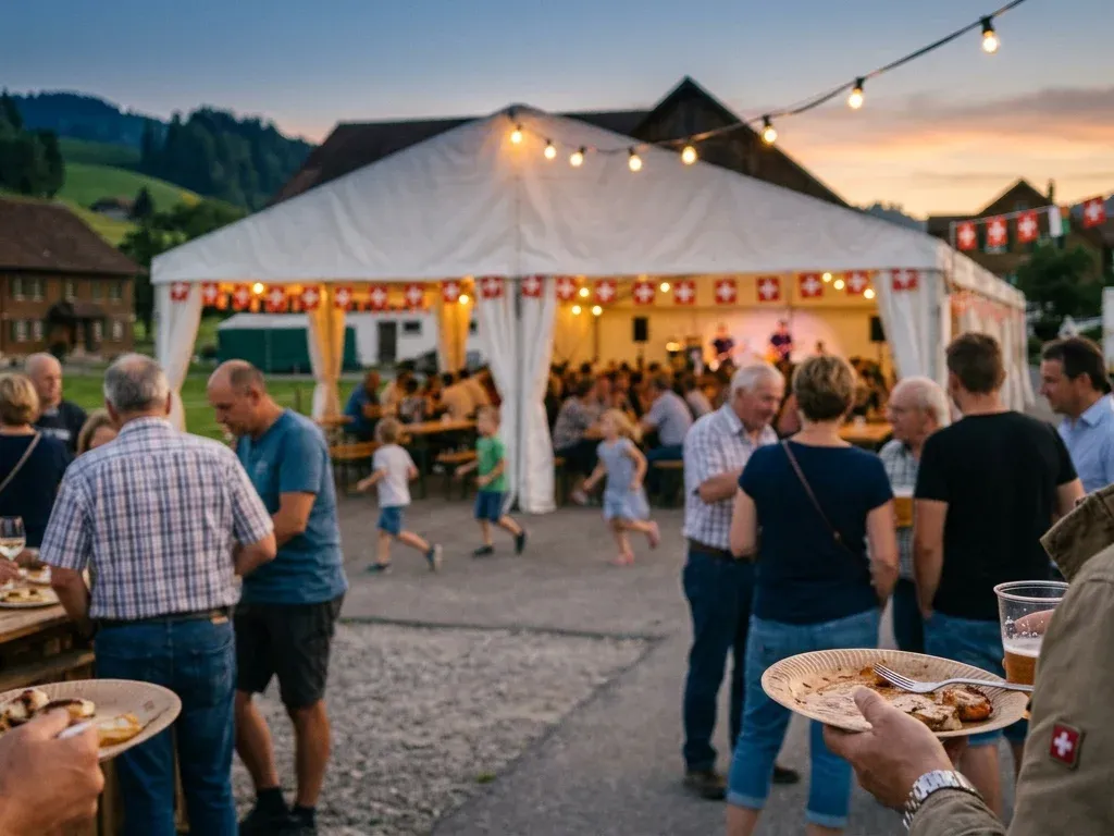 Gäste mit Tellern und Getränken vor dem Festzelt eines Dorffests