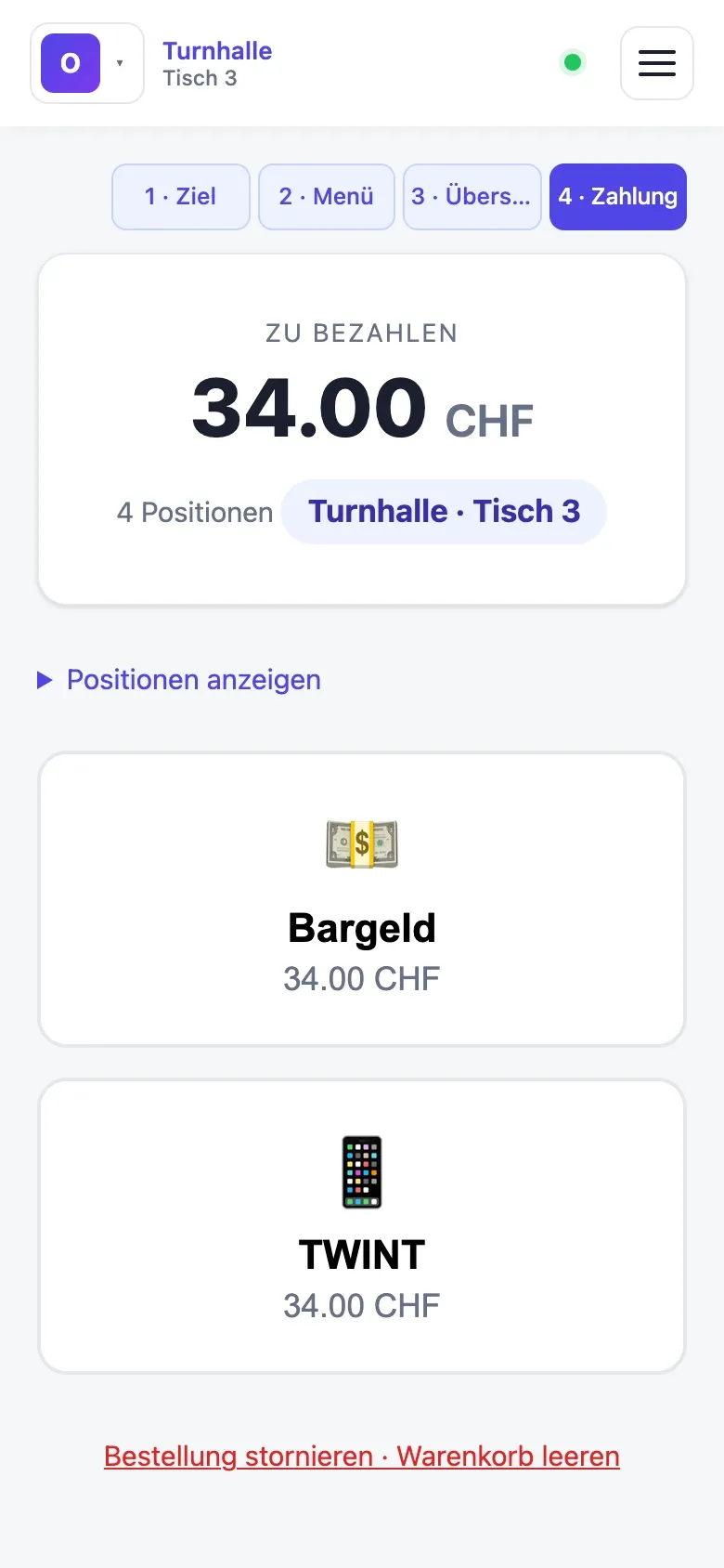 Orders: Zahlart wählen, Bargeld oder TWINT-QR