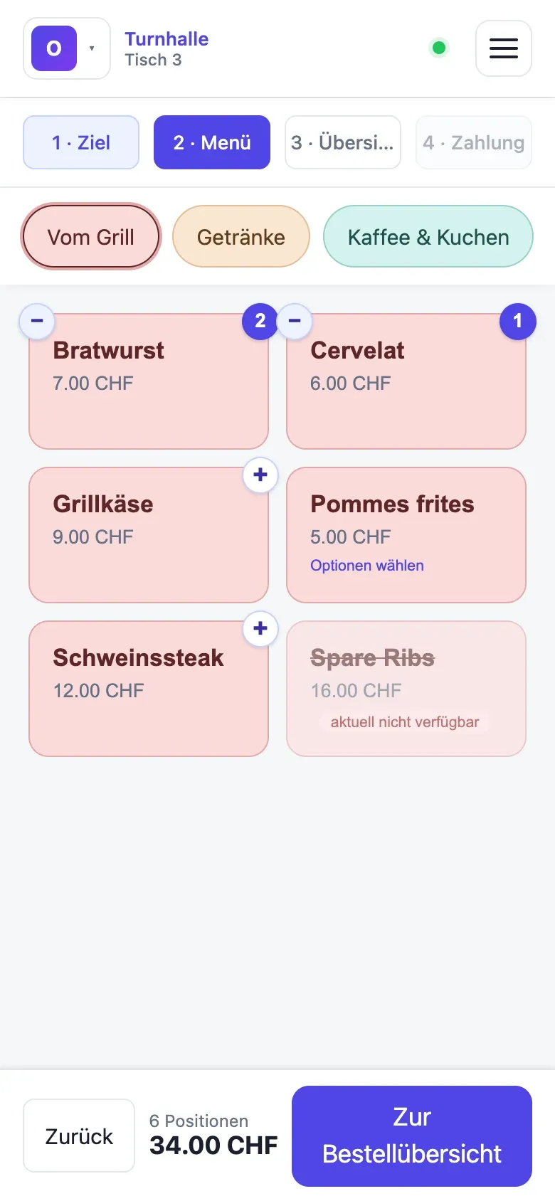 Orders auf dem Handy: Warenkorb mit Bratwurst, Pommes und zwei Lagerbier, Summe unten