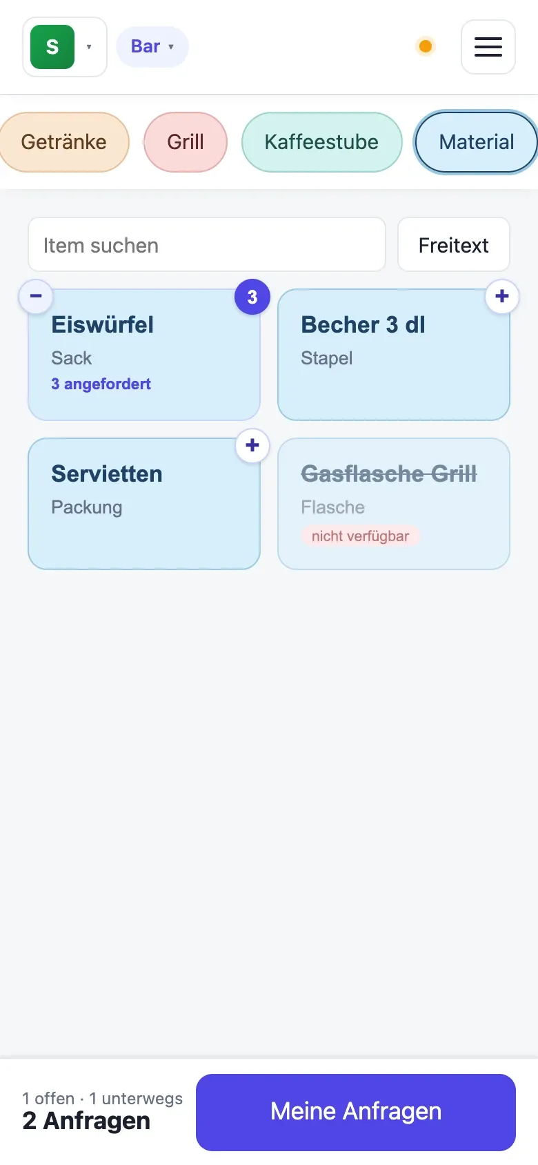 Supply-Station: Artikelraster mit einer offenen Anfrage